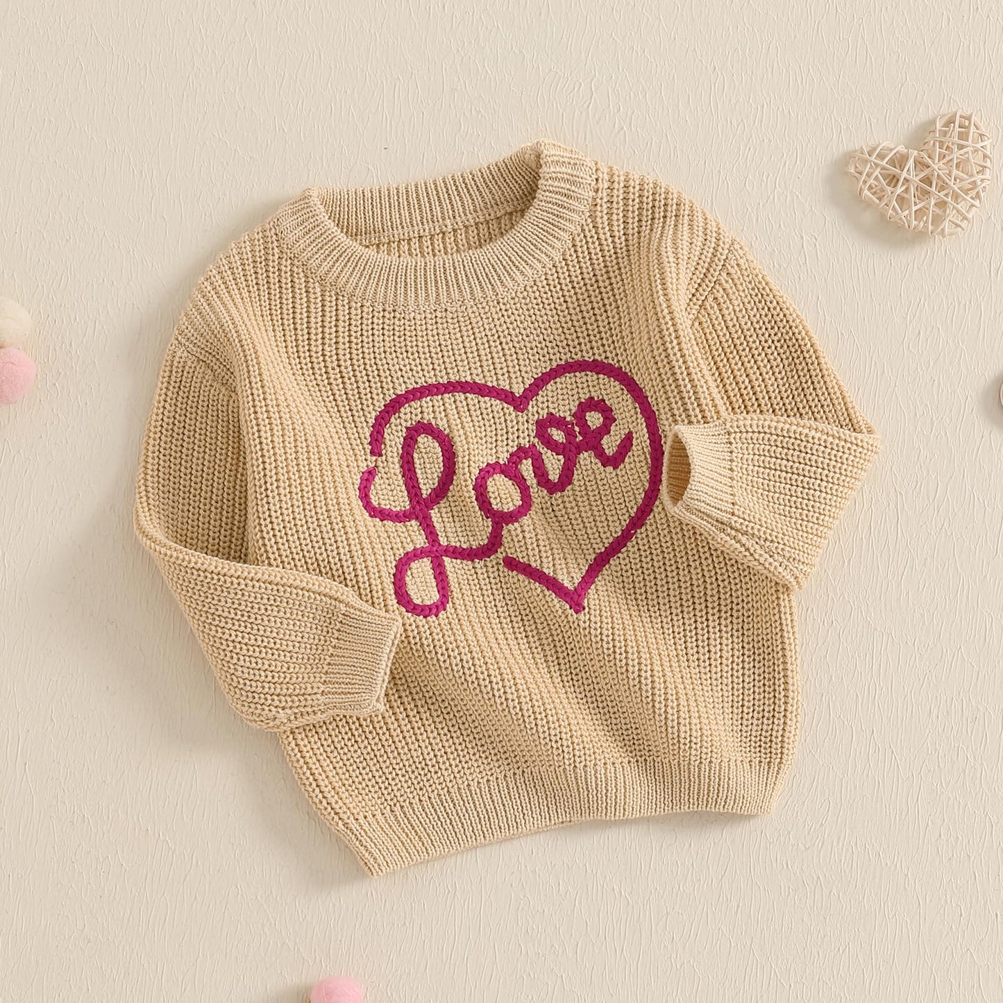 Nokpsedcb Baby Girl Cute Long Sleeve Heart Flowers Embroidery Oversized Sweater Toddler Valentine Outfit (Khaki Love, 18-24 Mont