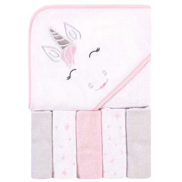 Hudson Baby Unisex Baby Hooded Towel And Five Washcloths, Pink Unicorn, One Size