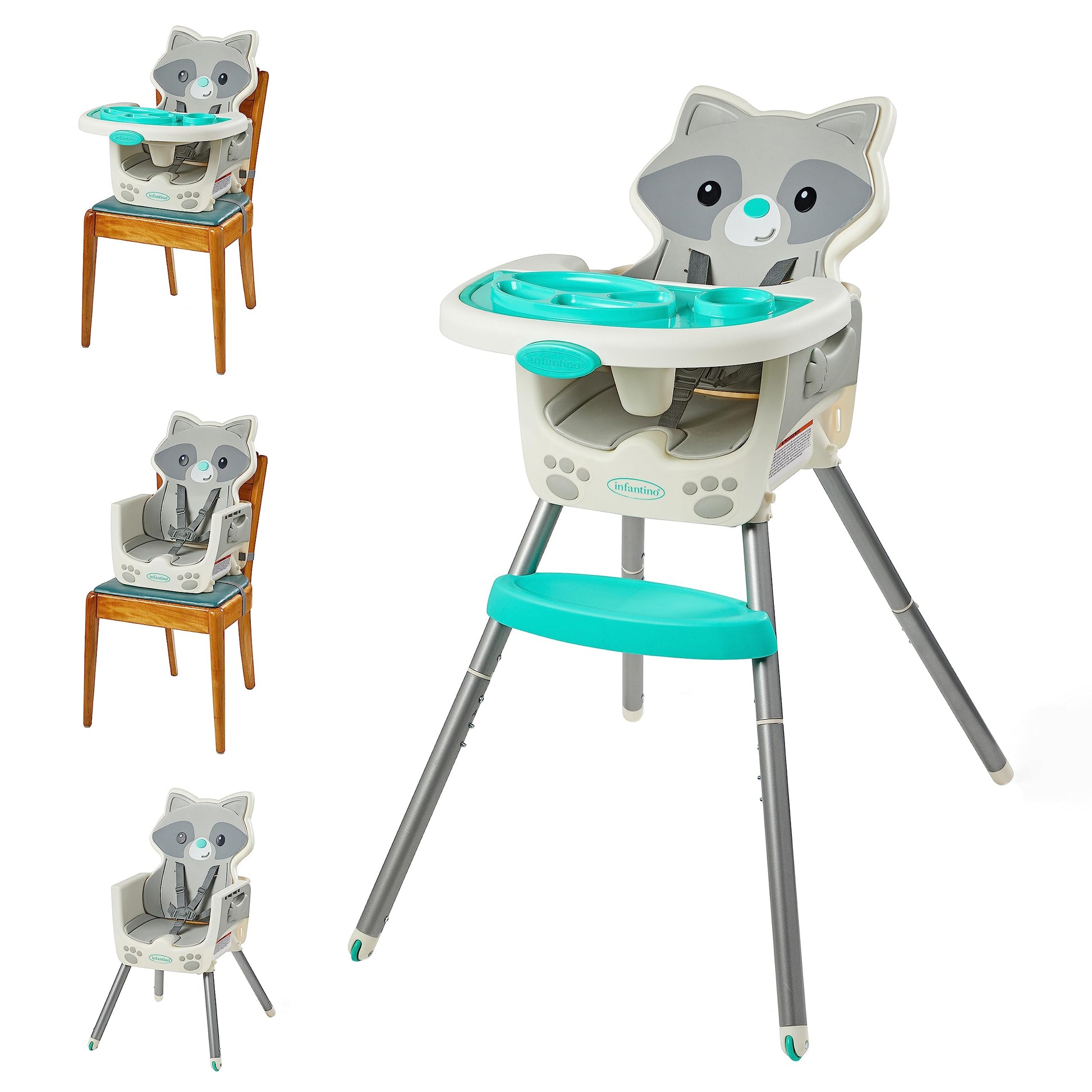 Infantino Grow-with-Me 4-in-1 Convertible High Chair, Raccoon-Theme, Space-Saving Design, Booster and Toddler Chair, for Infants