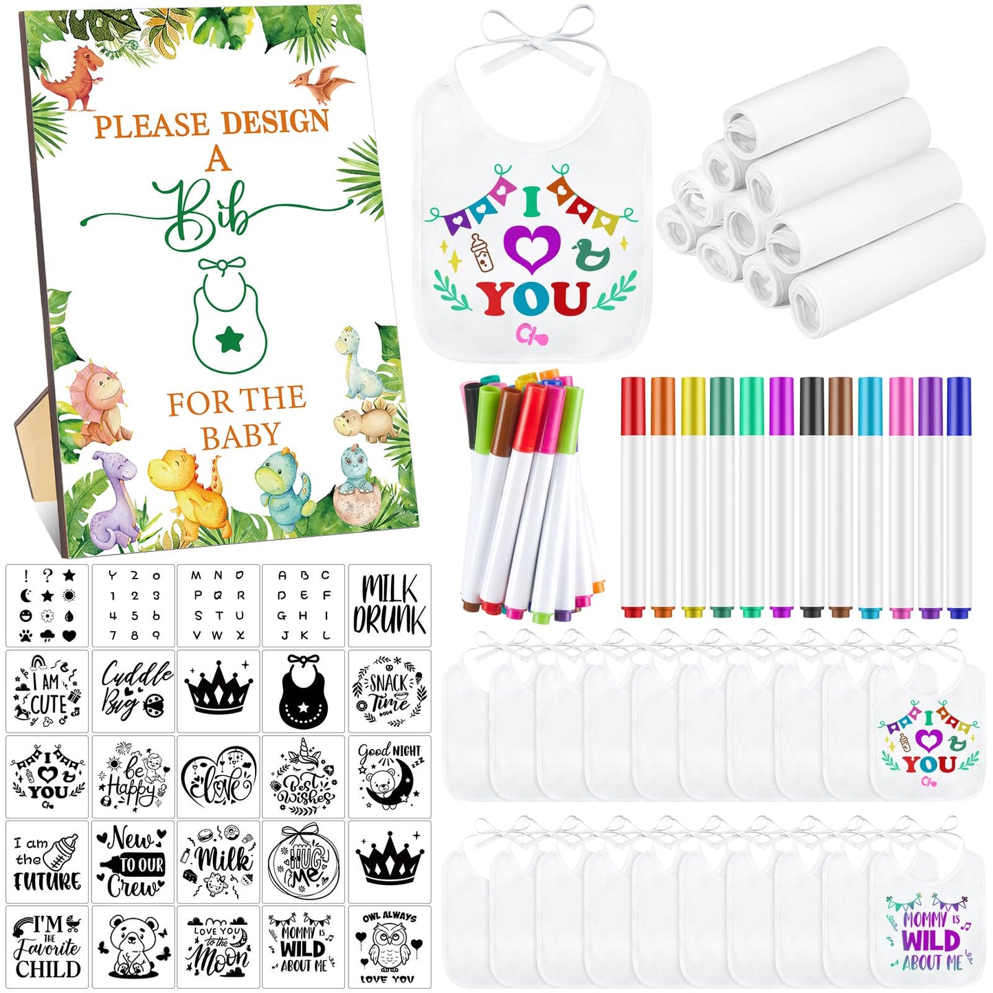 Panitay 100 Pcs Diy Baby Bibs Decorating Kit 50 White Bibs 25 Stencils 24 Fabric Markers 1 Baby Shower Game Sign(Dinosaur)