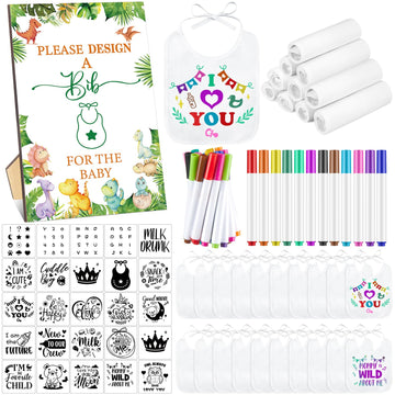 Panitay 100 Pcs Diy Baby Bibs Decorating Kit 50 White Bibs 25 Stencils 24 Fabric Markers 1 Baby Shower Game Sign(Dinosaur)