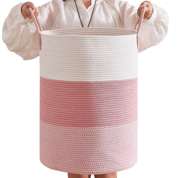 CLHMILY&Z 80L Laundry Basket Round Storage Rope Basket - 16.5x22.5 Inches - Pink Hamper in Bedreoom and Cute Storage Bin for Bla
