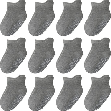 Aroveea Non Slip Grip Ankle Baby Socks 1-3 Years Old Grey For Toddler Boys And Girls Kids Socks 12 Pack,Infant Cute Cotton Baby