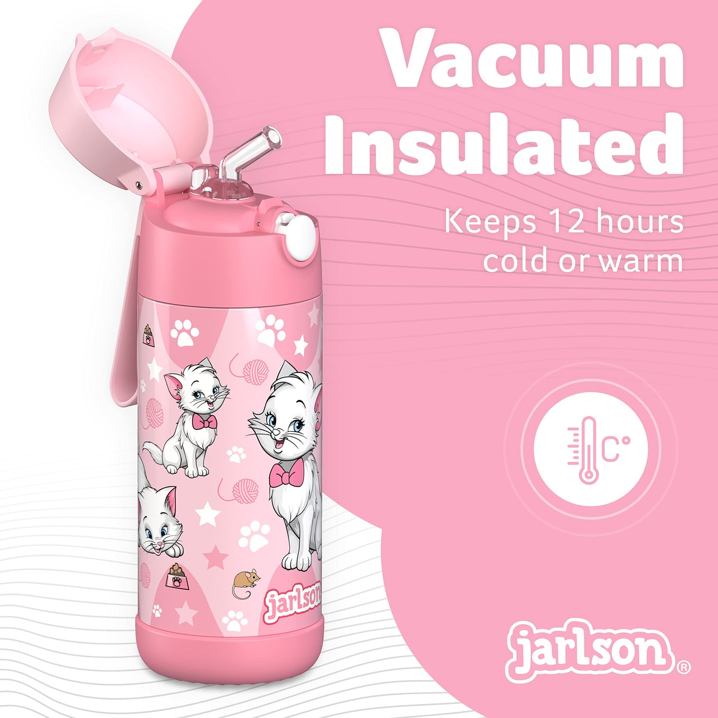 Jarlson Kids Water Bottle With Straw - Charli - Insulated Stainless Steel Water Bottle - Thermos - Girlsboys (Cat Star, 12 Oz)