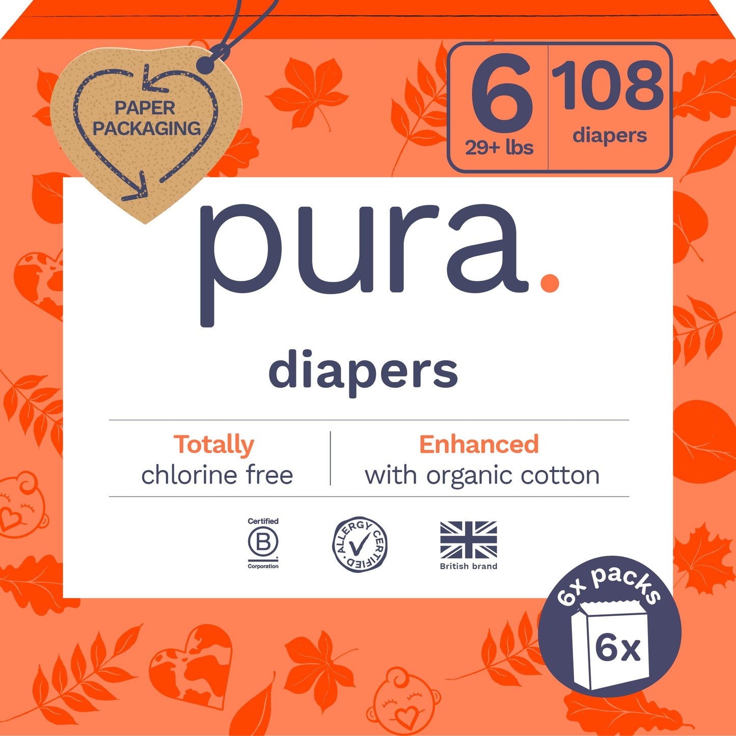 Pura Size 6 Eco-Friendly Diapers (29+ lbs) Totally Chlorine Free (TCF),Hypoallergenic, Soft Organic Cotton, Sustainable, up to 1