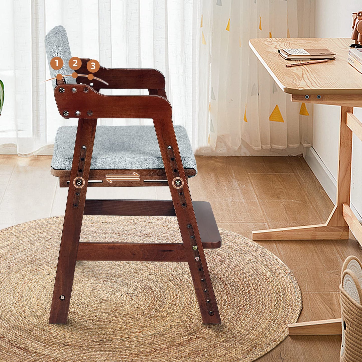 Ezebaby Wooden High Chair For Toddlers To Teens, Adjustable Kids Study Chair With Steps, Kids Dining Chair With Removable Cushio