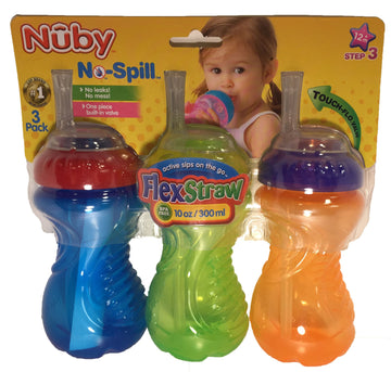 Nuby Flexstraw 3-Pack No-Spill 10 Ounce Sippers (Colors Vary)