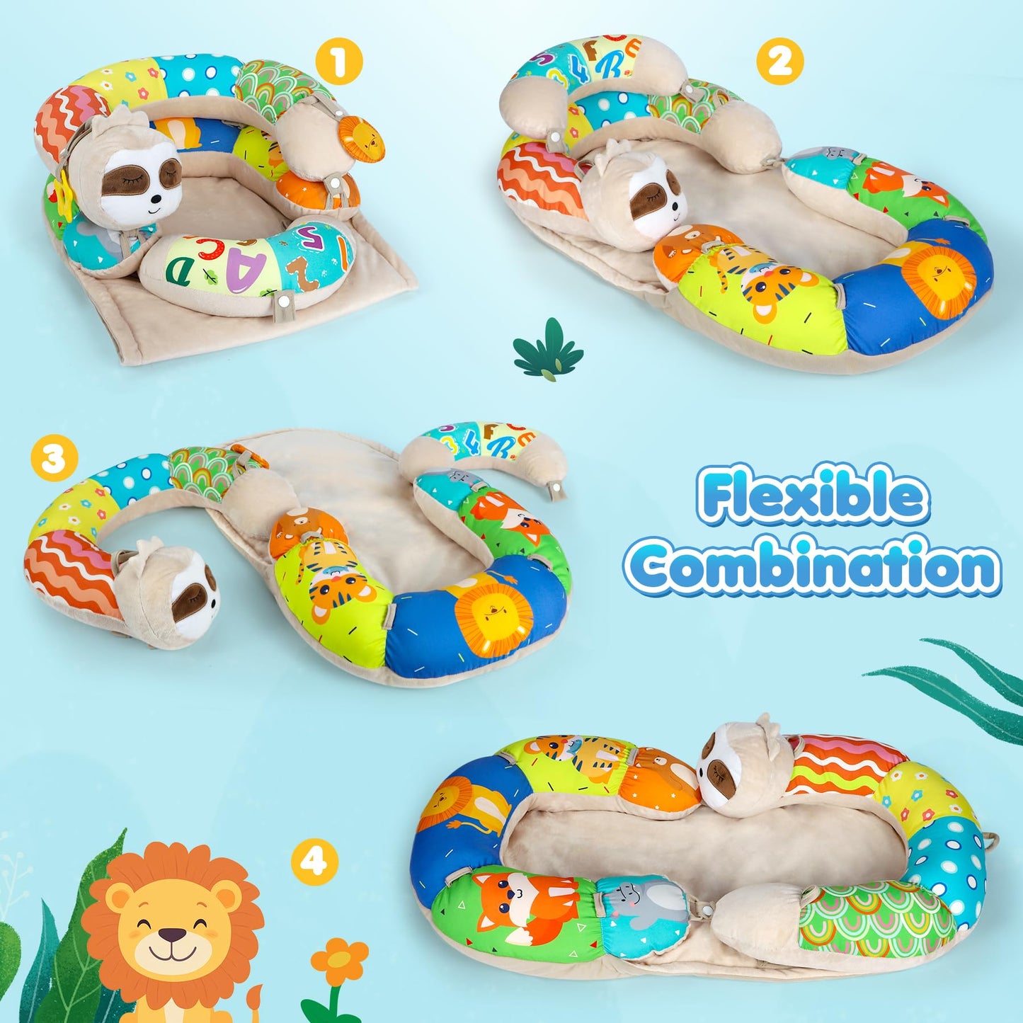 Urmywo Tummy Time Mat - 4 In 1 Cozy Tummy Time & Seated Support Pillow, Sitting Support For Newborn 0-12 Months, Infant Baby Sit