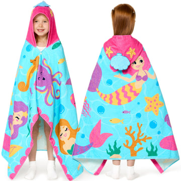 Joiedomi Mermaid Hooded Towels For Kids - Soft 100% Cotton Kids Beach Towel - 30' X 50' For 3-10 Years Boys Girls - Beach Hood