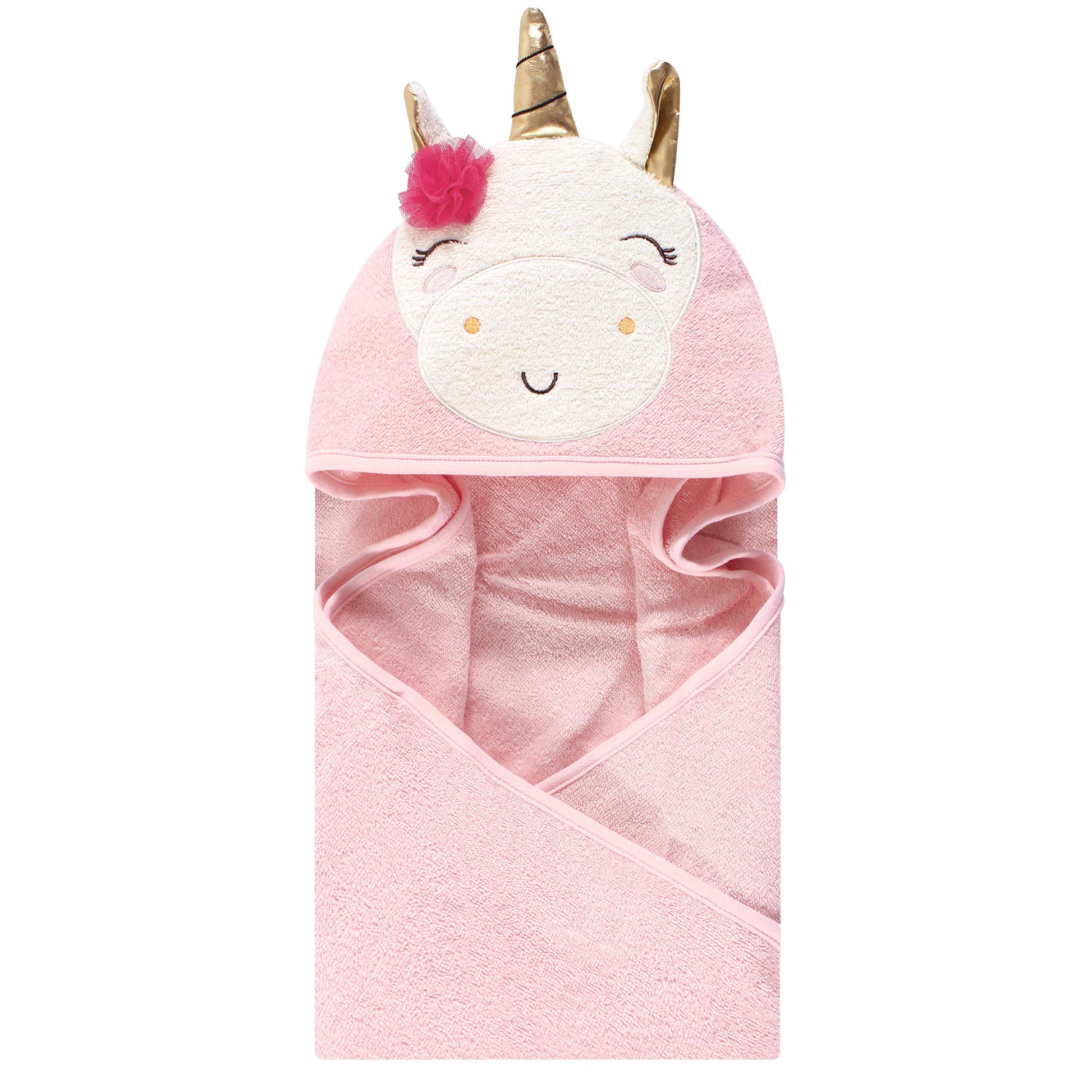 Luvable Friends Unisex Baby Cotton Animal Face Hooded Towel, Unicorn Flower, One Size