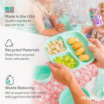 Re-Play Made In Usa 7' Deep Walled Divided Plates For Kids, Set Of 3 With 3 Lids - Reusable 3 Compartment Plates, Dishwasher An