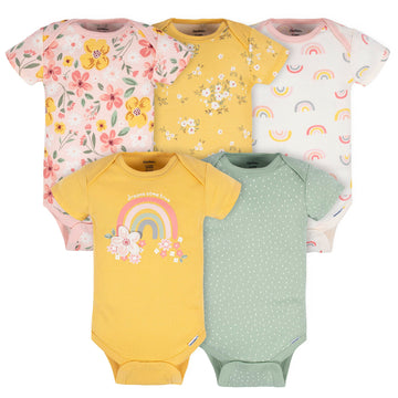 Gerber Baby Girls 5-Pack Short Sleeve Variety Onesies Bodysuits Golden Floral 6-9 Months
