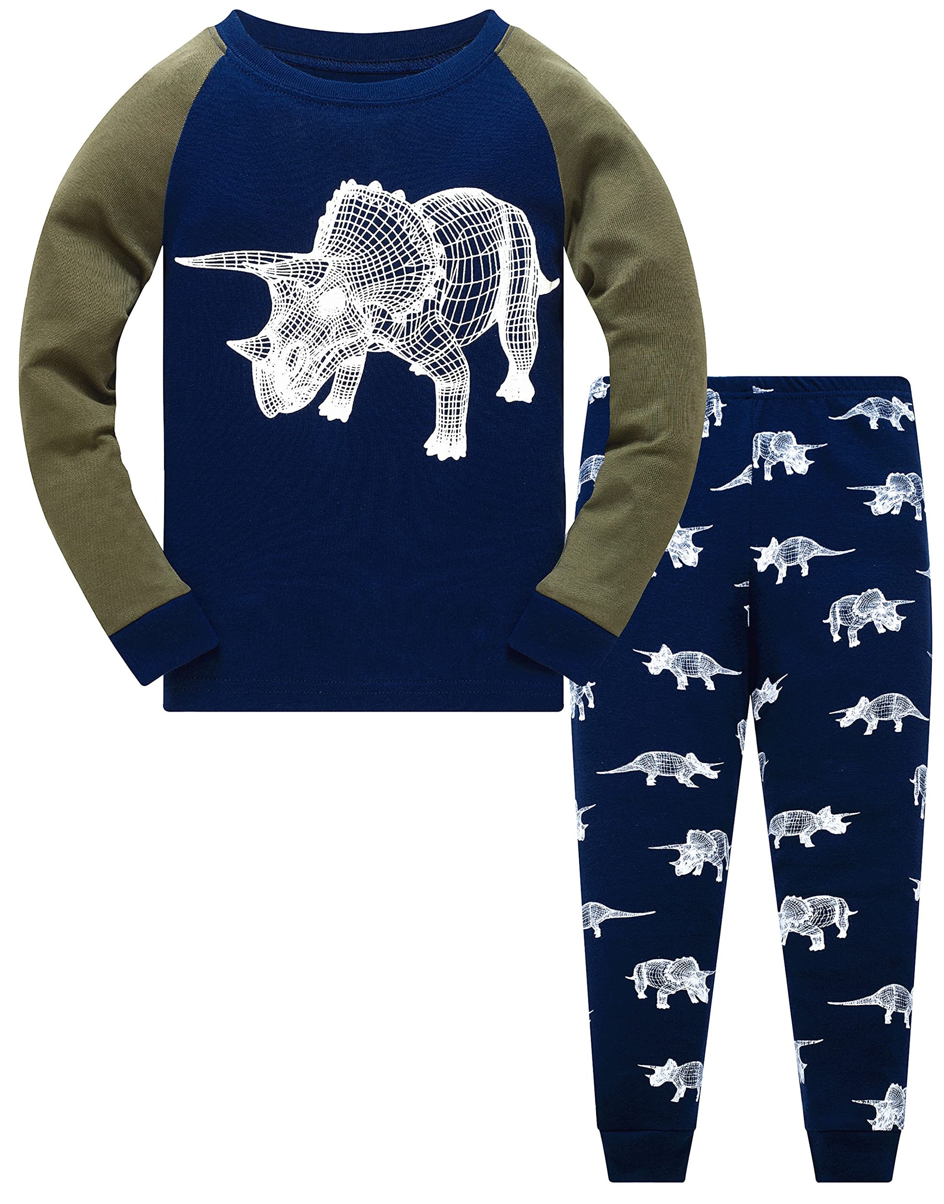 Popshion Boys Pajamas Glow In The Dark Dinosaur Pj Long Sleeve Triceratops Kids Jammies Clothes Set Toddler Winter Dino Pjs 6T