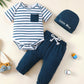 Renotemy Baby Boy Summer Clothes Short Sleeve New To The Crew Toddler Boy Clothes Outfits Stripe Blue Linen Boy Outfits 12-18 Mo