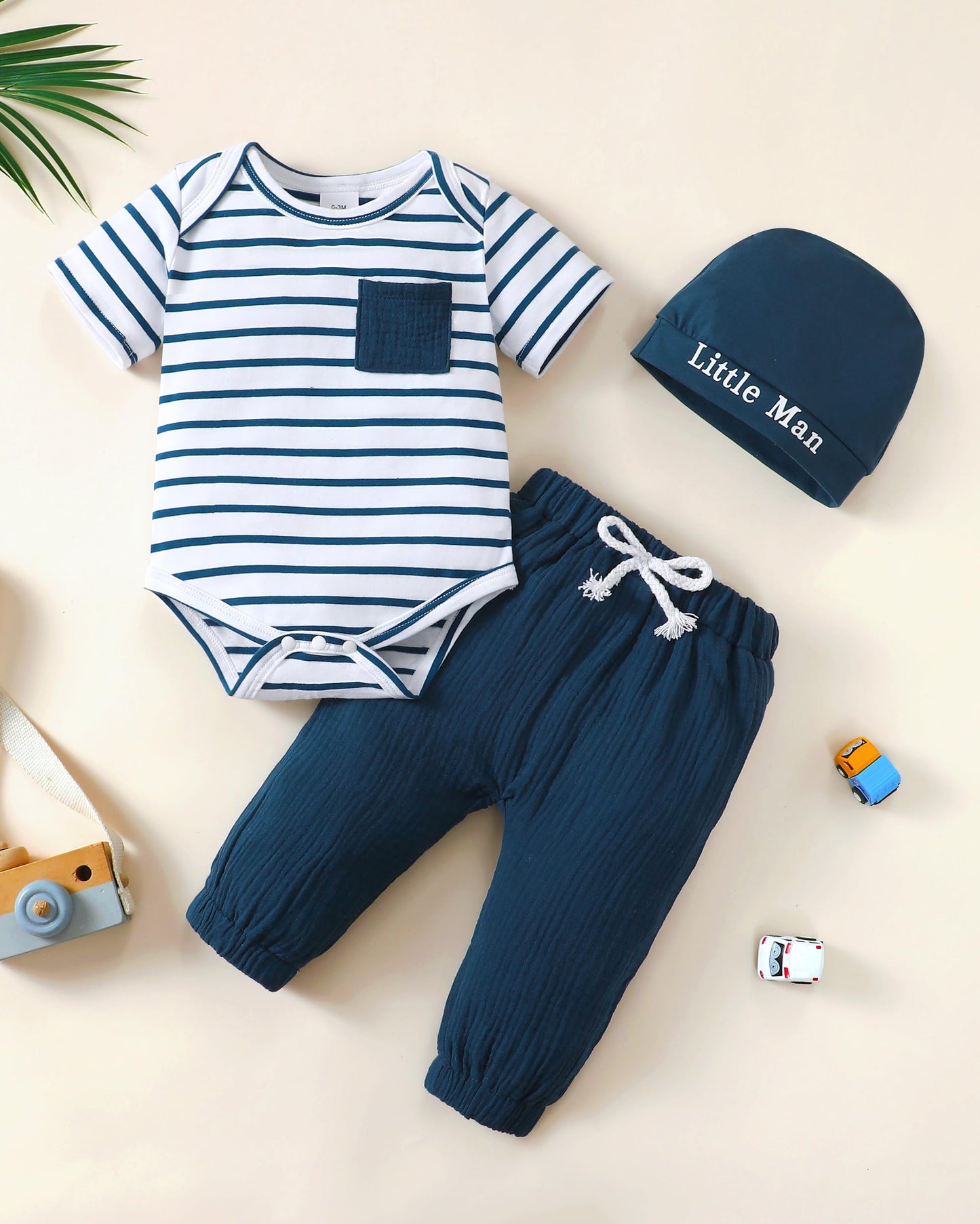 Renotemy Baby Boy Summer Clothes Short Sleeve New To The Crew Toddler Boy Clothes Outfits Stripe Blue Linen Boy Outfits 12-18 Mo