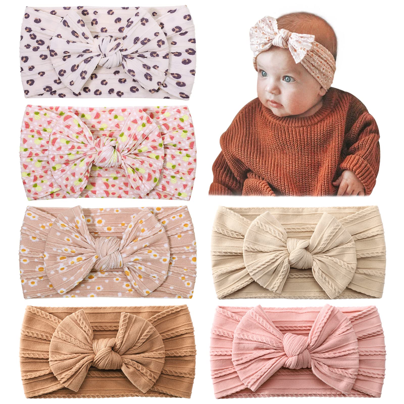 Jollybows 6Pcs Baby Nylon Headbands Hair Bow Elastics Hairbands Hair Accessories For Baby Girls Newborn Infant Toddlers Kids (Up