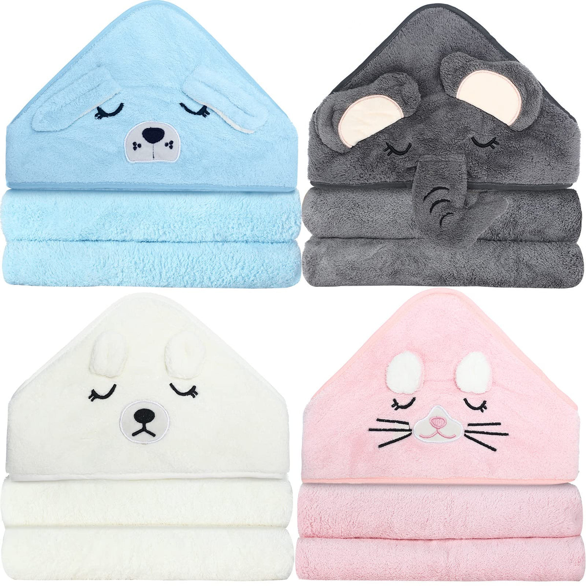 4 Pack Baby Bath Towel Cute Animal Face Coral Fleece Baby Bath Towels Poncho Cape for Boy and Girl (Kitten, Puppy, Bear, Elephan