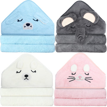 4 Pack Baby Bath Towel Cute Animal Face Coral Fleece Baby Bath Towels Poncho Cape for Boy and Girl (Kitten, Puppy, Bear, Elephan