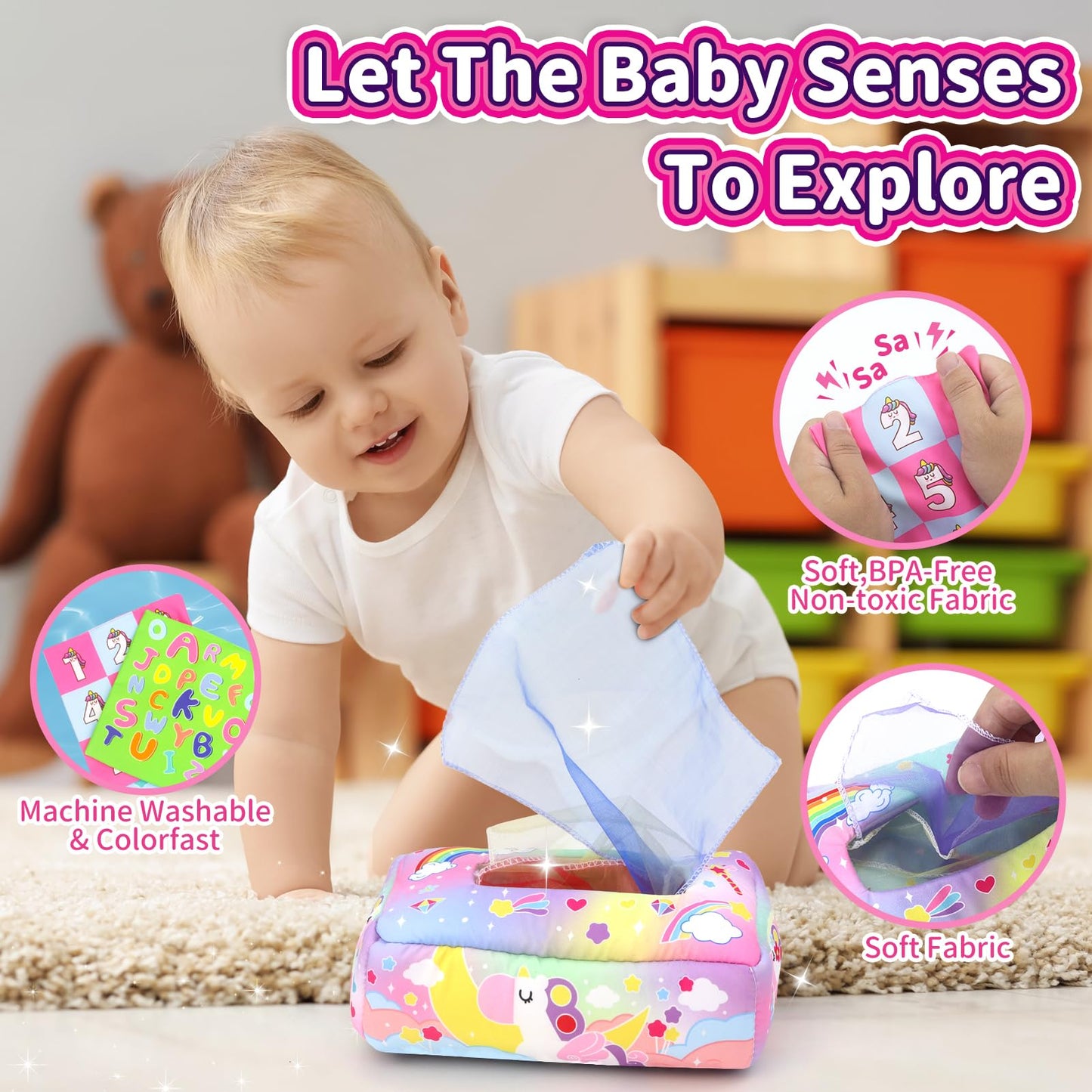 usrela Baby Toys 6 to 12 Months - Tissue Box Toy, Baby Toys for 6 12 18 Months, Unicorn Tissue Learning Toys with Alphabet Numbe