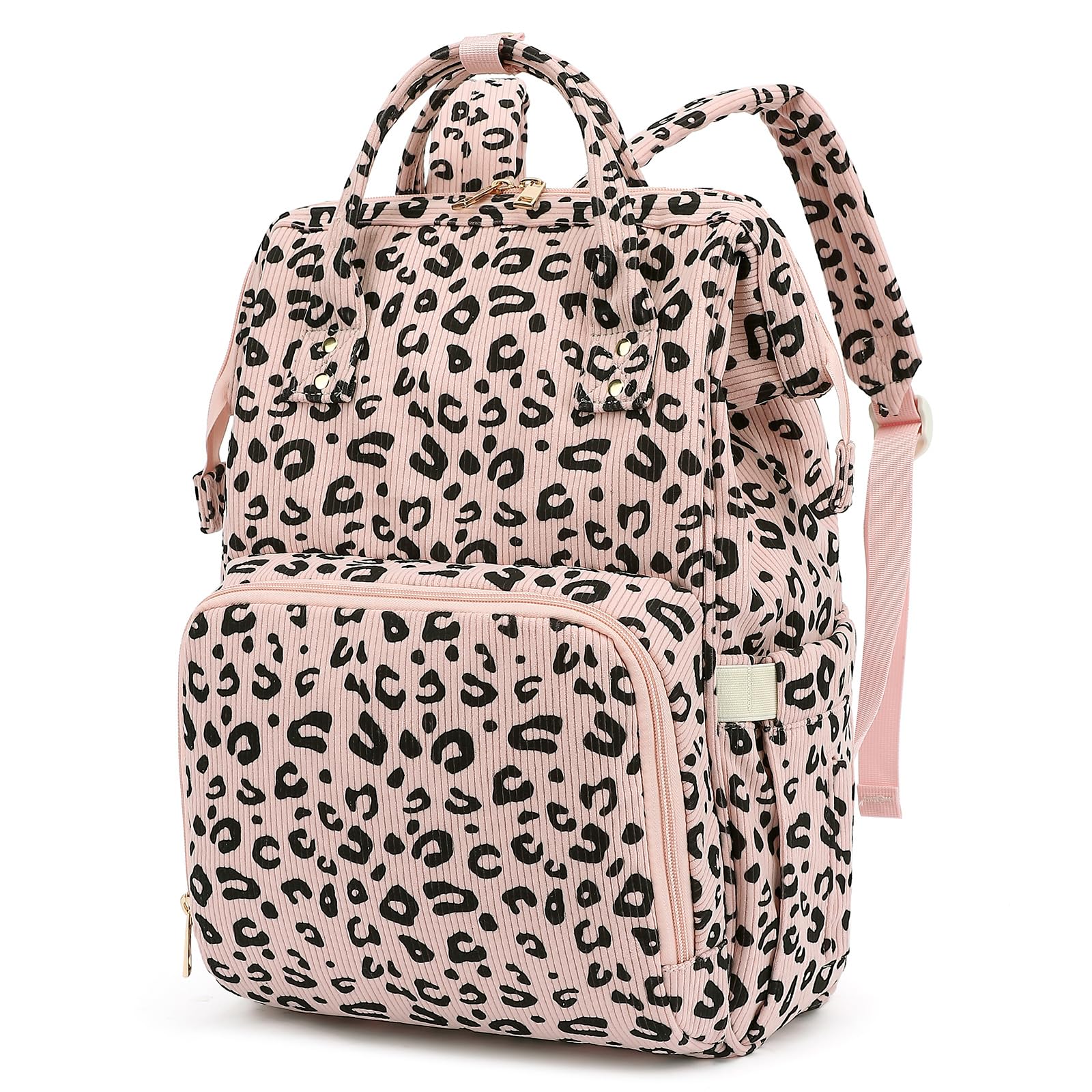 Yusudan Corduroy Diaper Bag Backpack for Baby Girls Boys, Women Large Nappy Bags for Mom (Pink Corduroy Leopard)