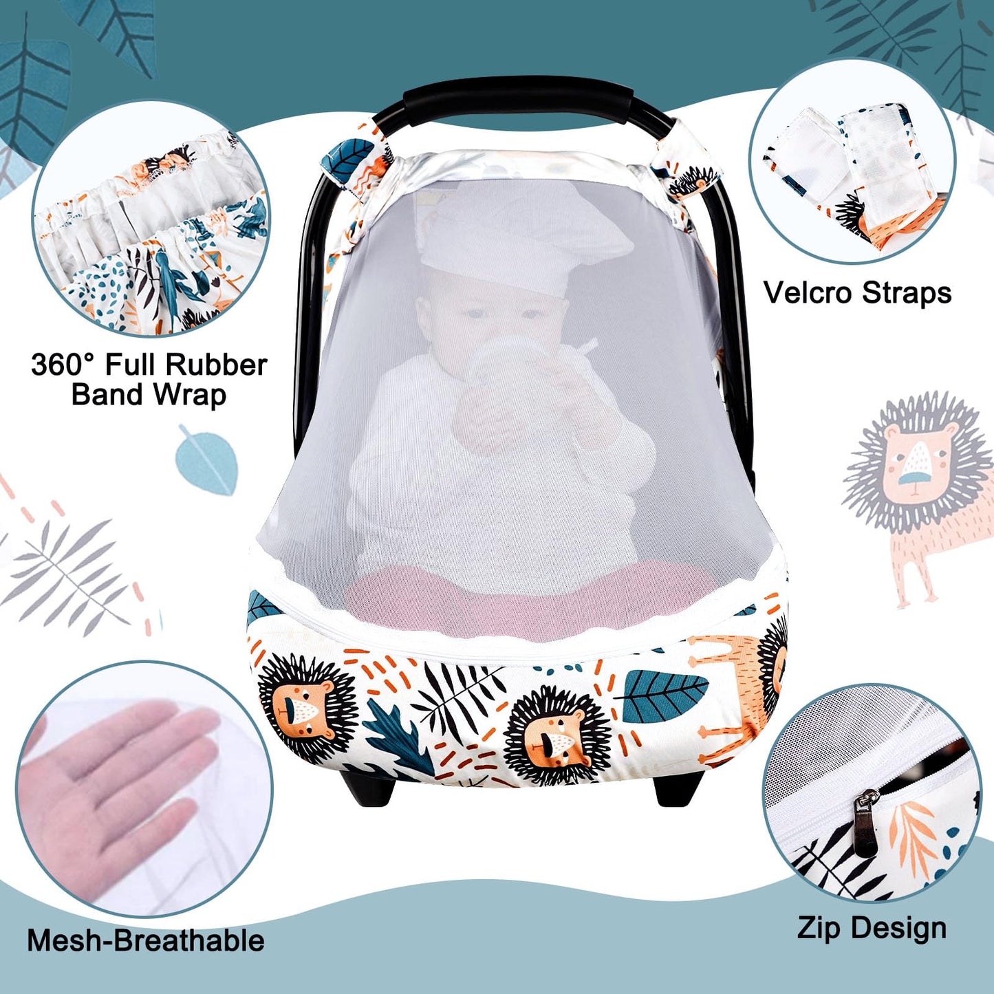 Swesen Car Seat Covers For Babies, Lion Baby Car Seat Cover With Zipper Mesh, Carseat Cover Boy, Stretchy Infant Carseat Canopy,