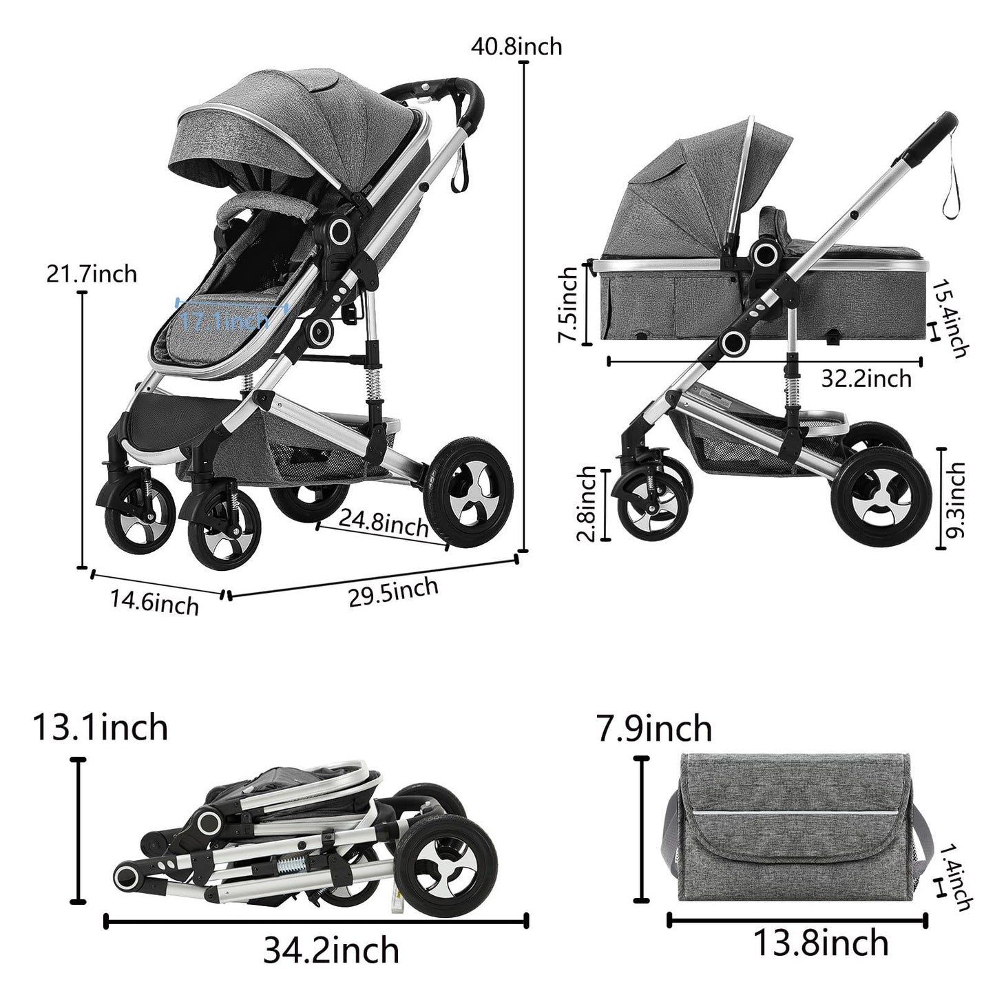 Kinder King 2 in 1 Convertible Baby Stroller, Folding High Landscape Infant Carriage, Newborn Reversible Pram, Diaper Bag, Anti-