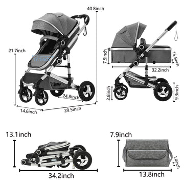 Kinder King 2 in 1 Convertible Baby Stroller, Folding High Landscape Infant Carriage, Newborn Reversible Pram, Diaper Bag, Anti-