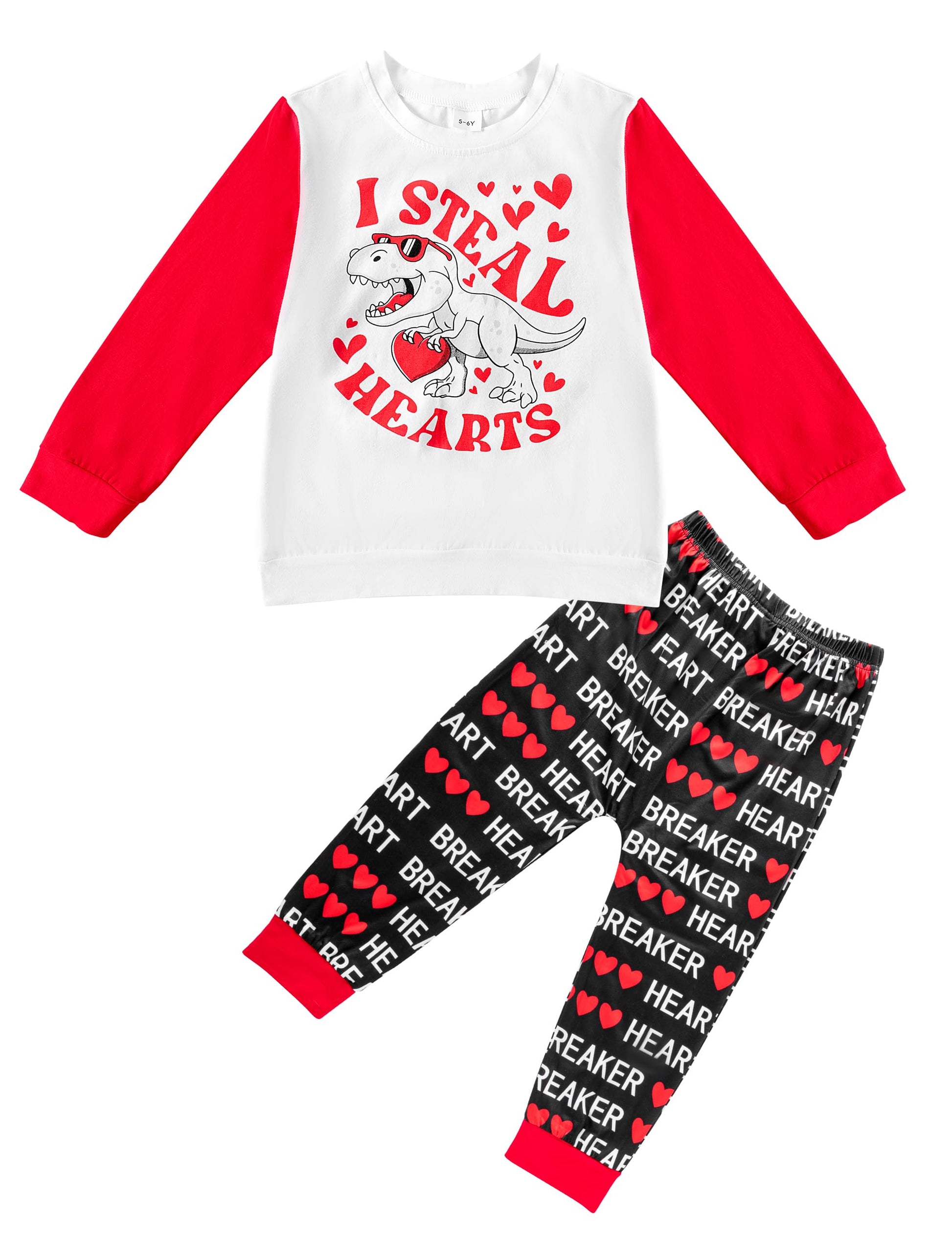 Dakeik Toddler Boy Valentines Day Outfit 5T-6T Boy Valentines Day Outfit Dinosaur Pattern I Steal Hearts Long Sleeve Cute Letter