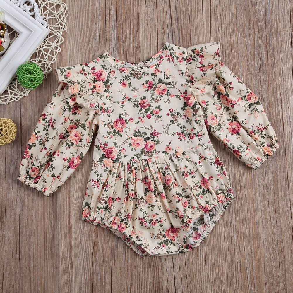 Infant Baby Girl Twins Long Sleeve Ruffles Romper Bodysuit Outfit Clothes (12-18 Months, Floral)