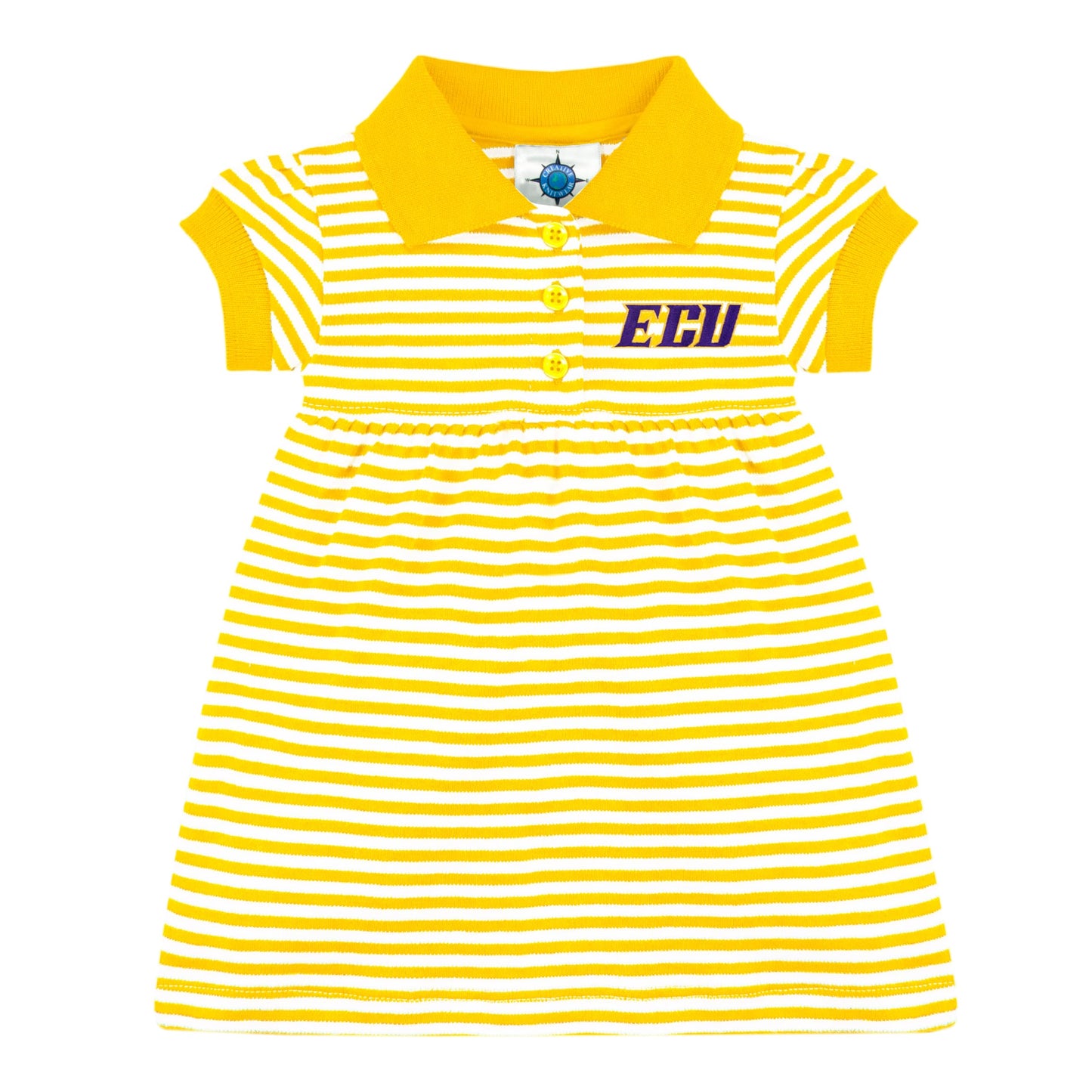 College Baby Striped Game Day Polo Dress With Bloomer - East Carolina Pirates Ecu Logo - Gold/White - 12 Months