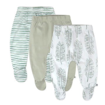 Honestbaby Unisex Baby 3-Pack Footed Roomy Fit Pull On Bottoms 100% Organic Cotton For Infant Boys, Girls, Pants, Jumbo Leaf Sag