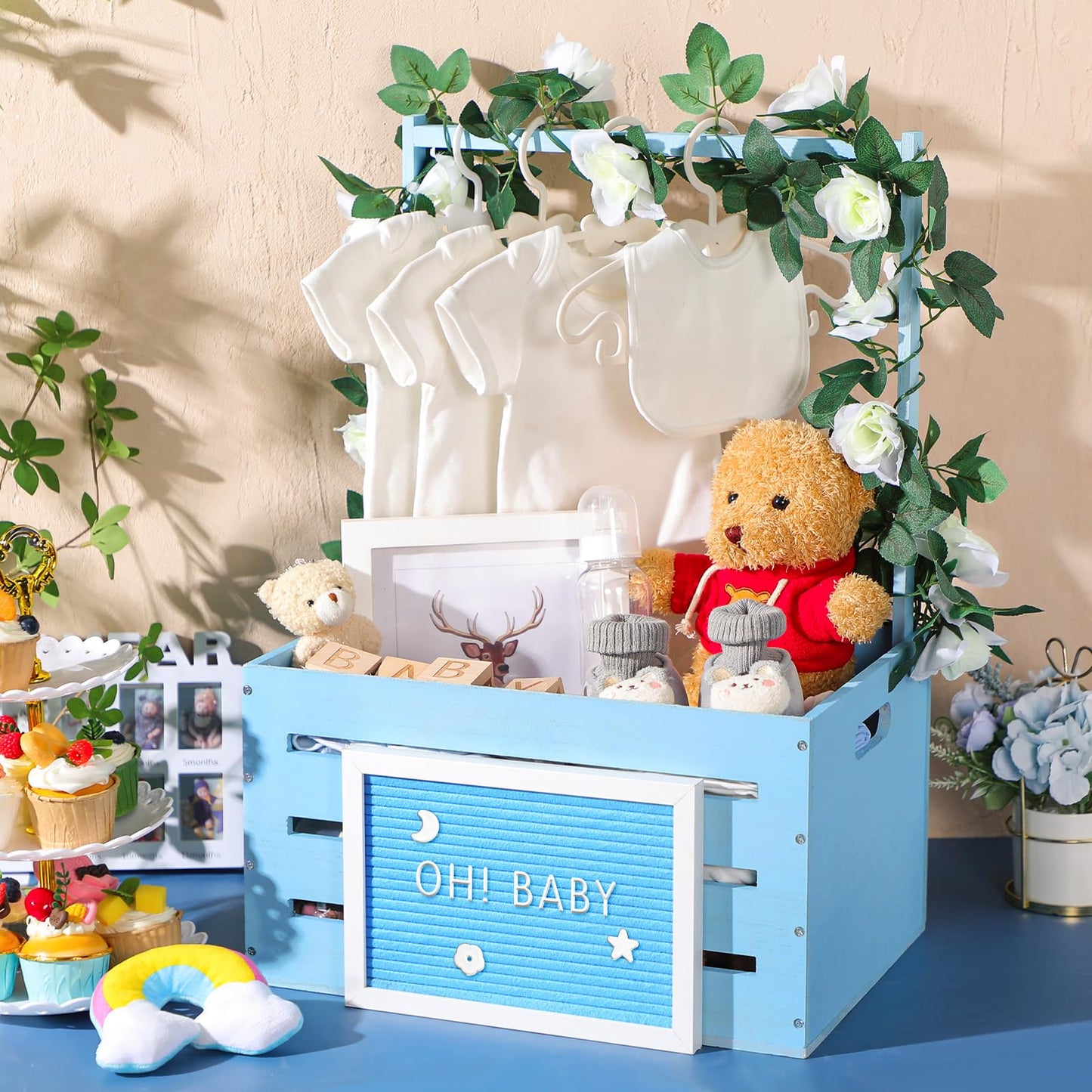 Barydat Wooden Baby Shower Crate Closet, Basket With Handle And Felt Letter Board Kit Garland Baby Shower Wooden Gift Crate Pers