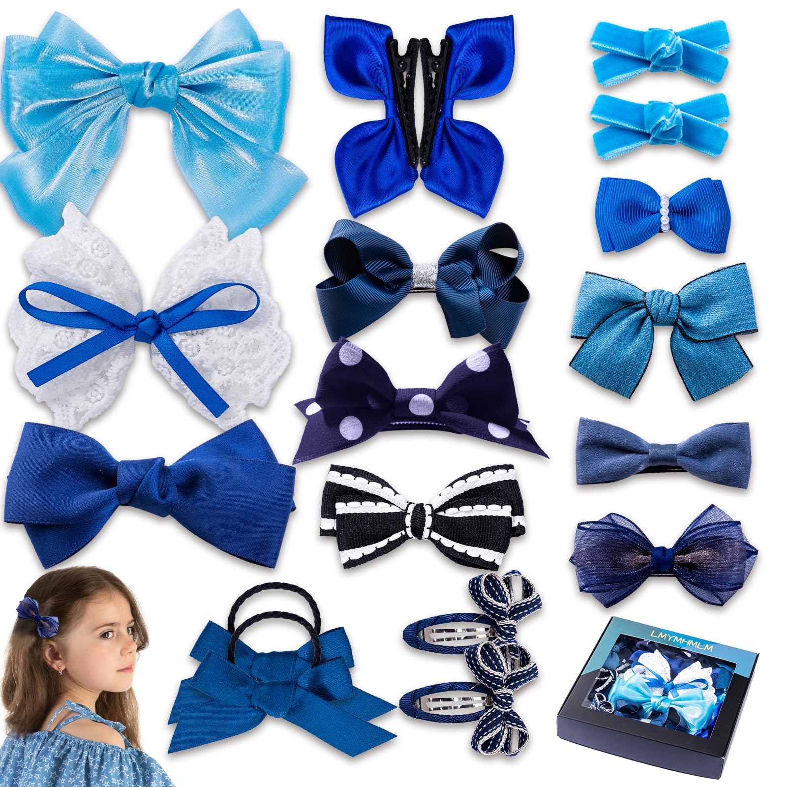 Lmymhmlm 18Pcs Blue Hair Bows For Girls,Toddlers,Teens,Women.Fully Lined Alligator Hair Clips,Cute Hair Ties,Non-Slip Snap Hairp