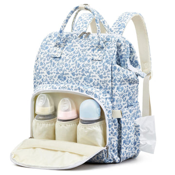 Sunnymove Blue Corduroy Floral Diaper Bag Backpack for Mom Large Capacity Multifunction Travel Backpack for Women, Cute Diaper B