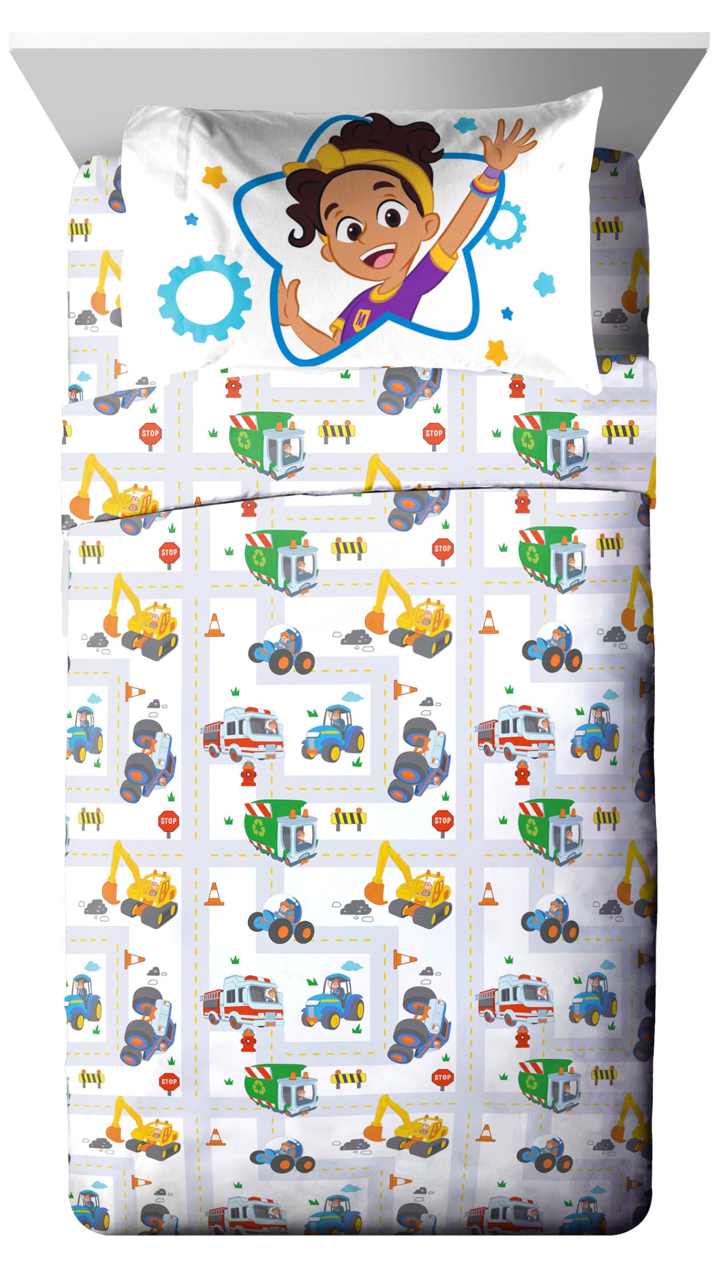 Jay Franco Blippi & Meekah Trucks Toddler Comforter Set - 4 Piece Blue Bedding Sheet Set & Pillow Cover - Super Soft Microfiber