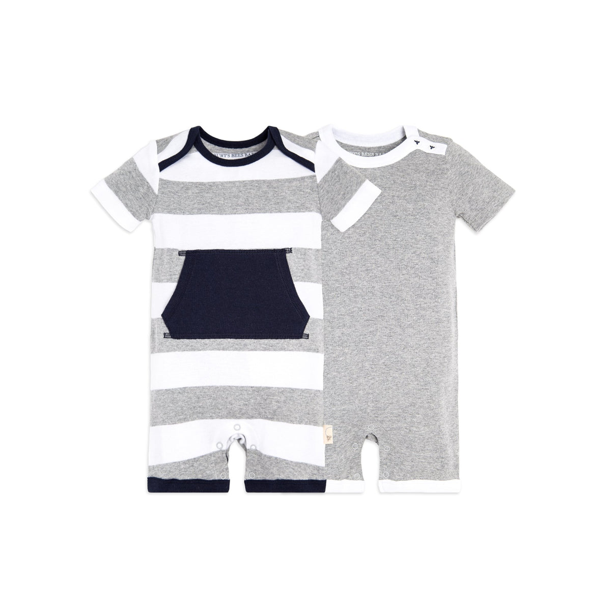BurtS Bees Baby Boys Short Sleeve Rompers 2Pack, 100% Organic Cotton OnePiece Coverall, Heather Grey Pocket, 03 Months