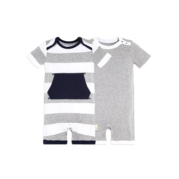 BurtS Bees Baby Boys Short Sleeve Rompers 2Pack, 100% Organic Cotton OnePiece Coverall, Heather Grey Pocket, 03 Months