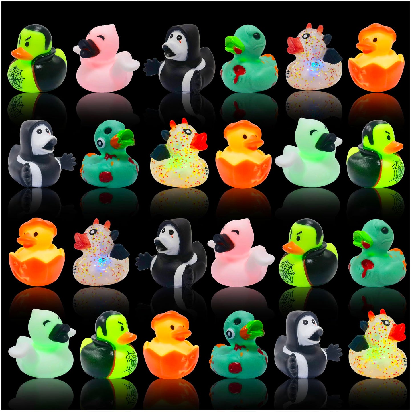 24 Pcs Halloween Rubber Ducks with LED Balloon Lights Mini Round Balls,Jeep Duckies Bath Toys for Kids Halloween Party Favors,Gi