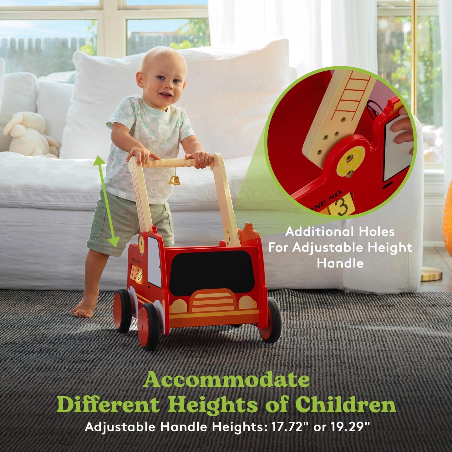 Wooden Baby Walker With Wheels - Baby Walkers For Boys Fire Truck Walker Baby - Walker For Baby Boy With Rigged Handles - Adjust