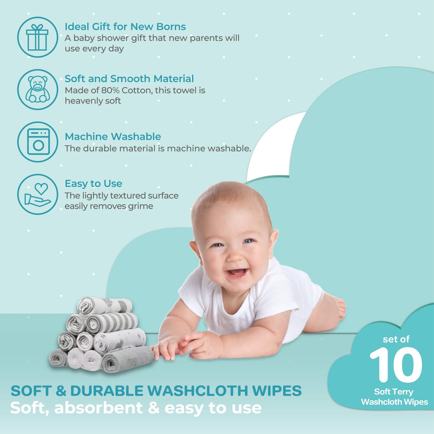 Spasilk Washcloth Wipes Set For Newborn Boys And Girls, Soft Terry Washcloth Set, Pack Of 10, Gray Celestial