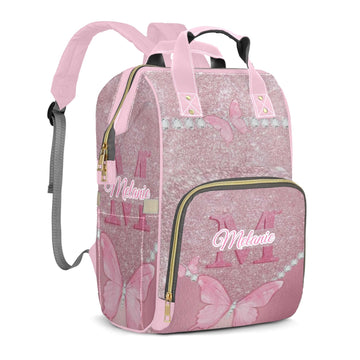 Perarts Large Capacity Custom Diaper Bag for Baby Girls with Name, Pink Butterfly Multifunctional Mom Personalized Diaper Bag Ba