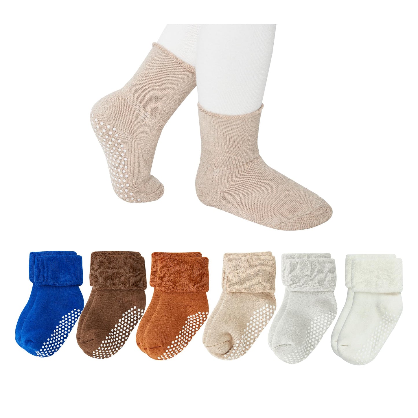 Vwu Ankle Crew Socks With Grips, Baby Toddler Kids Unisex Warm Thick Cotton Socks 0-6T 6-Pack (Neutral Colour, 3-12 Months)