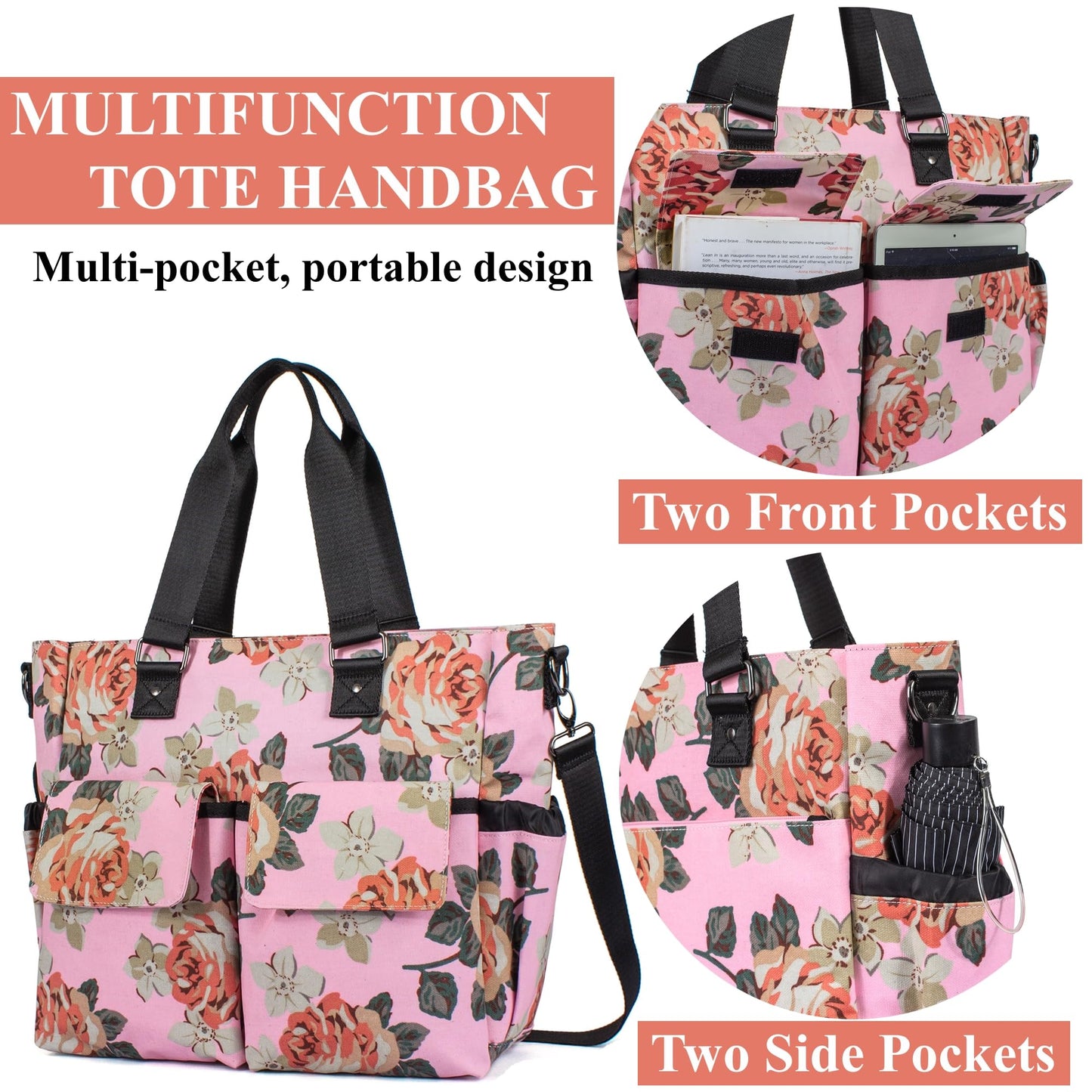 H Hikker-Link Womens Large Floral Waterproof Diaper Bag Weekend Bags Handbag For Mom Tote Bag Changing Pad Dark Blue