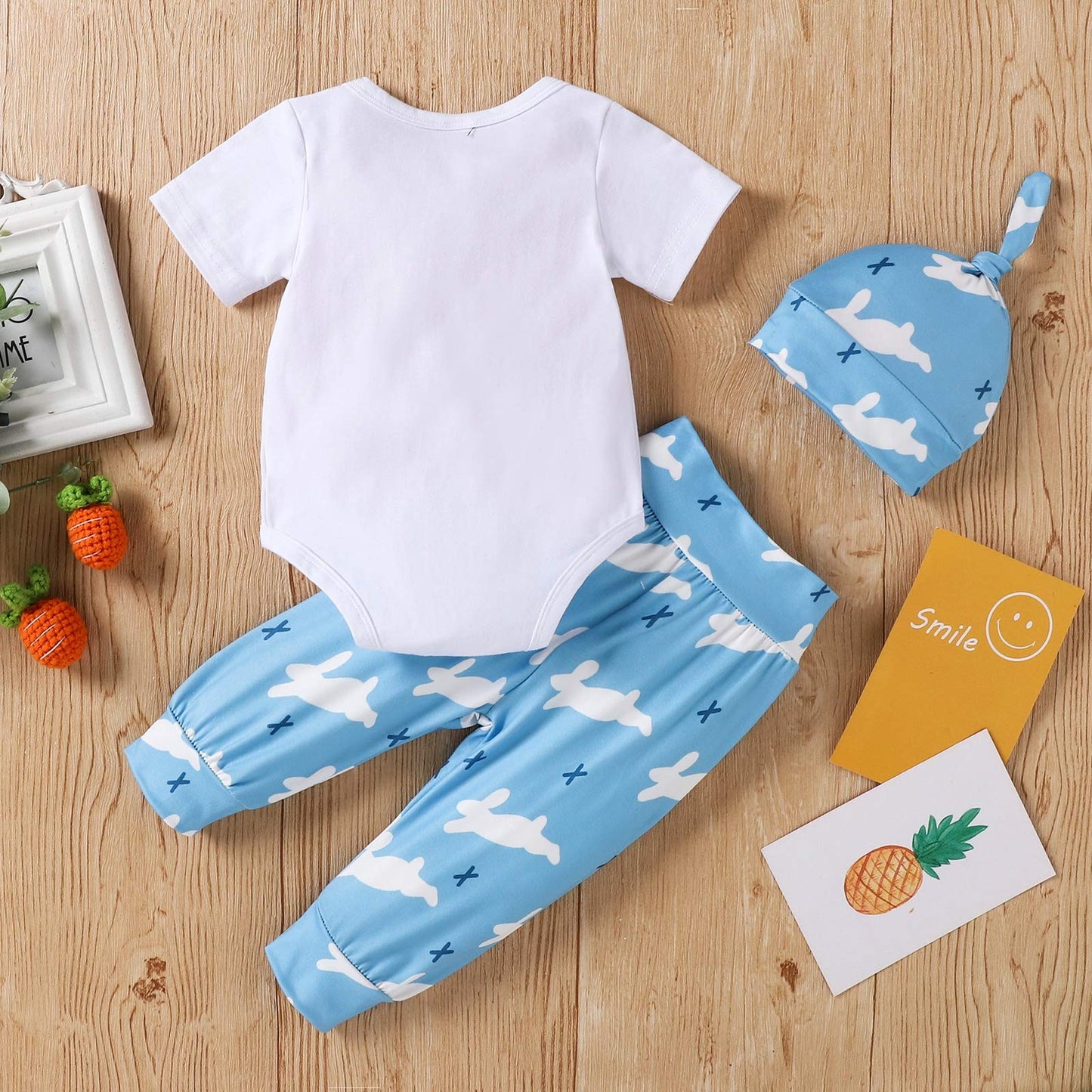 Baby Boy Easter Outfits Newborn Clothes Stuff Infant Summer 3 Piece My First Easter Romper Short Sleeve + Pants + Hat Blue Rabbi