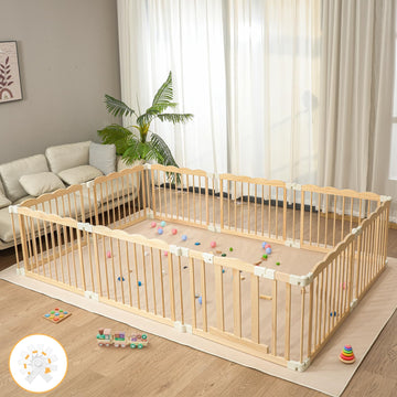 Playpen Large Foldable Play Pen for Toddlers 1-3,Easy Assemble Play Yard Wooden Baby Gates with Door,Expandable Play pens for Ki