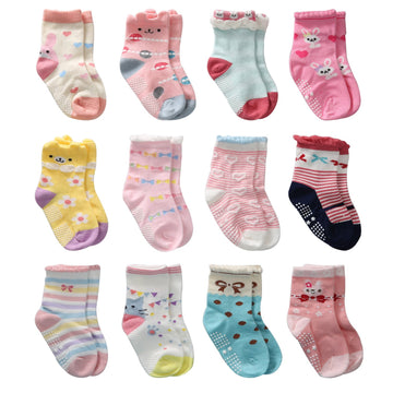 12 Pairs Toddler Girl Grip Socks Non Skid Cotton Crew Socks, Baby Socks Girl Anti Slip Socks For Kids Girls (12 Pairs, 3-5 Years