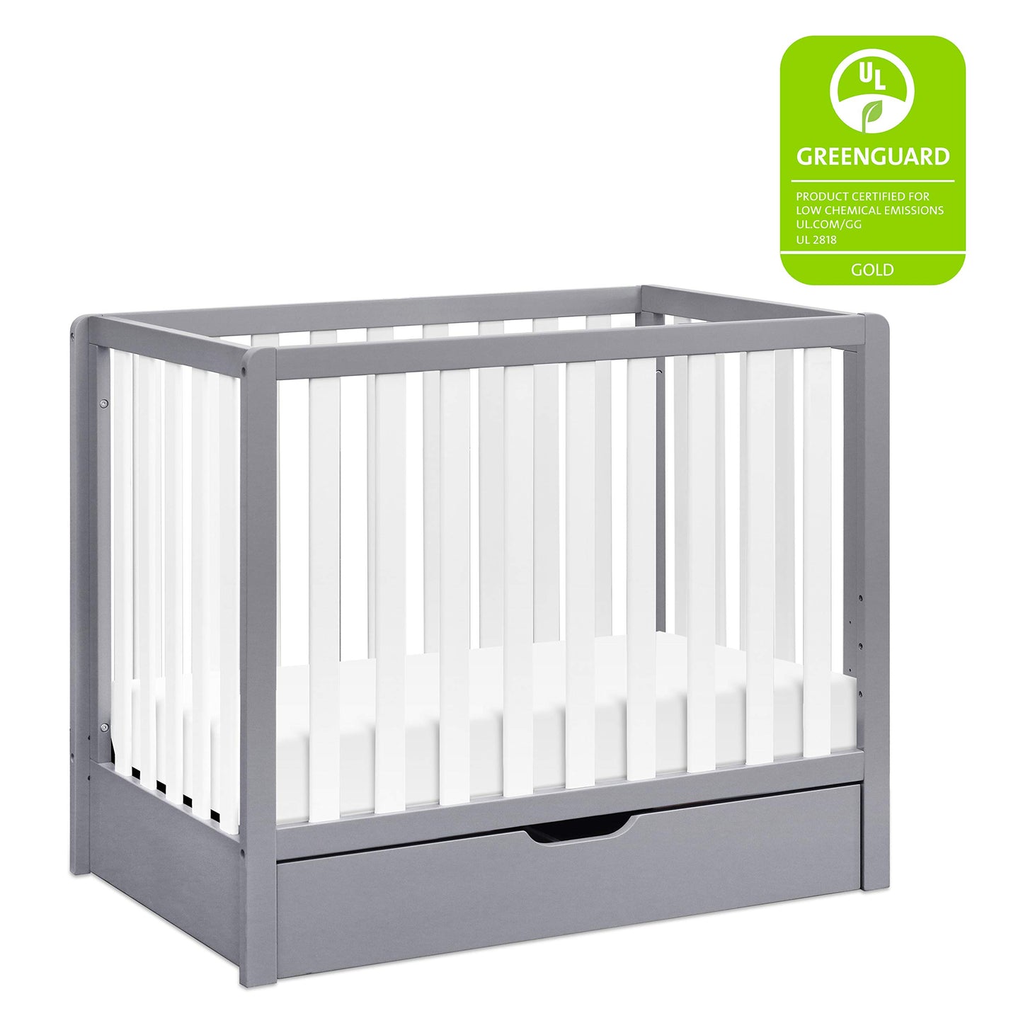 Carters by DaVinci Colby 4-in-1 Convertible Mini Crib with Trundle Drawer in Grey and White, Greenguard Gold Certified, Undercr