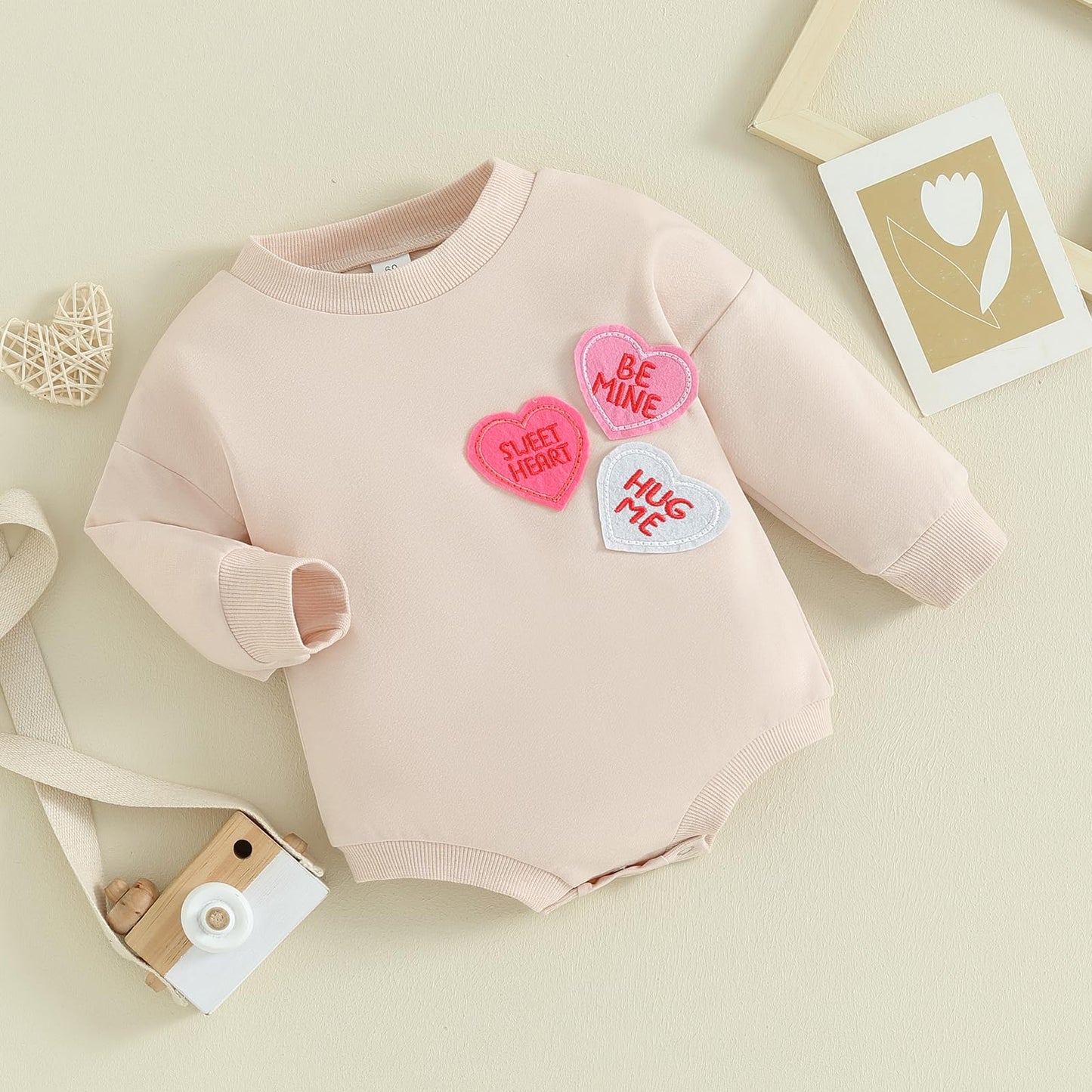 Lagkiyoj Baby Girl Valentines Day Outfit Heart Embroidery Bubble Romper Long Sleeve Crewneck Sweatshirt Infant Spring Clothes (A