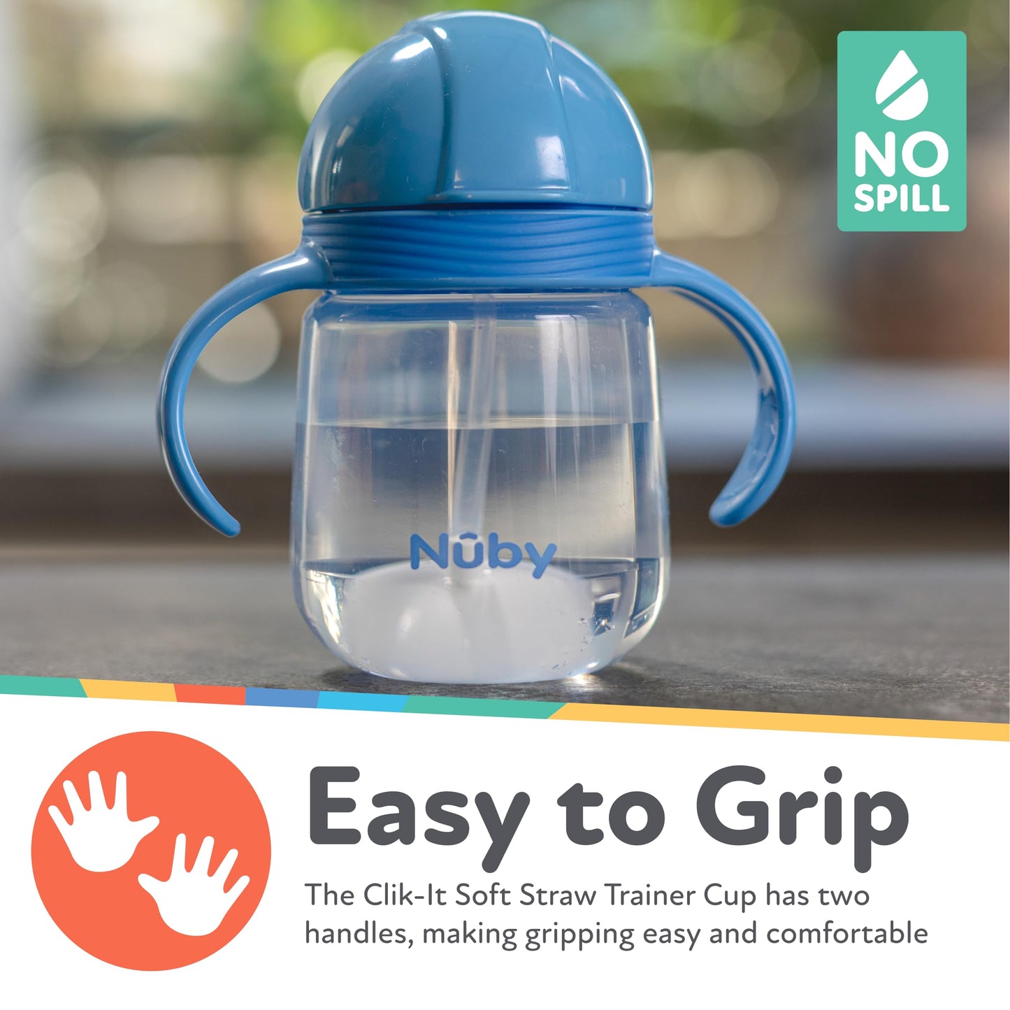 Nuby No-Spill Clik-It Silicone Straw Toddler Cup - (2 Pack) 8 Oz - 360 Weighted Straw Toddler Sippy Cup For 1+ Year Old - Blue/M