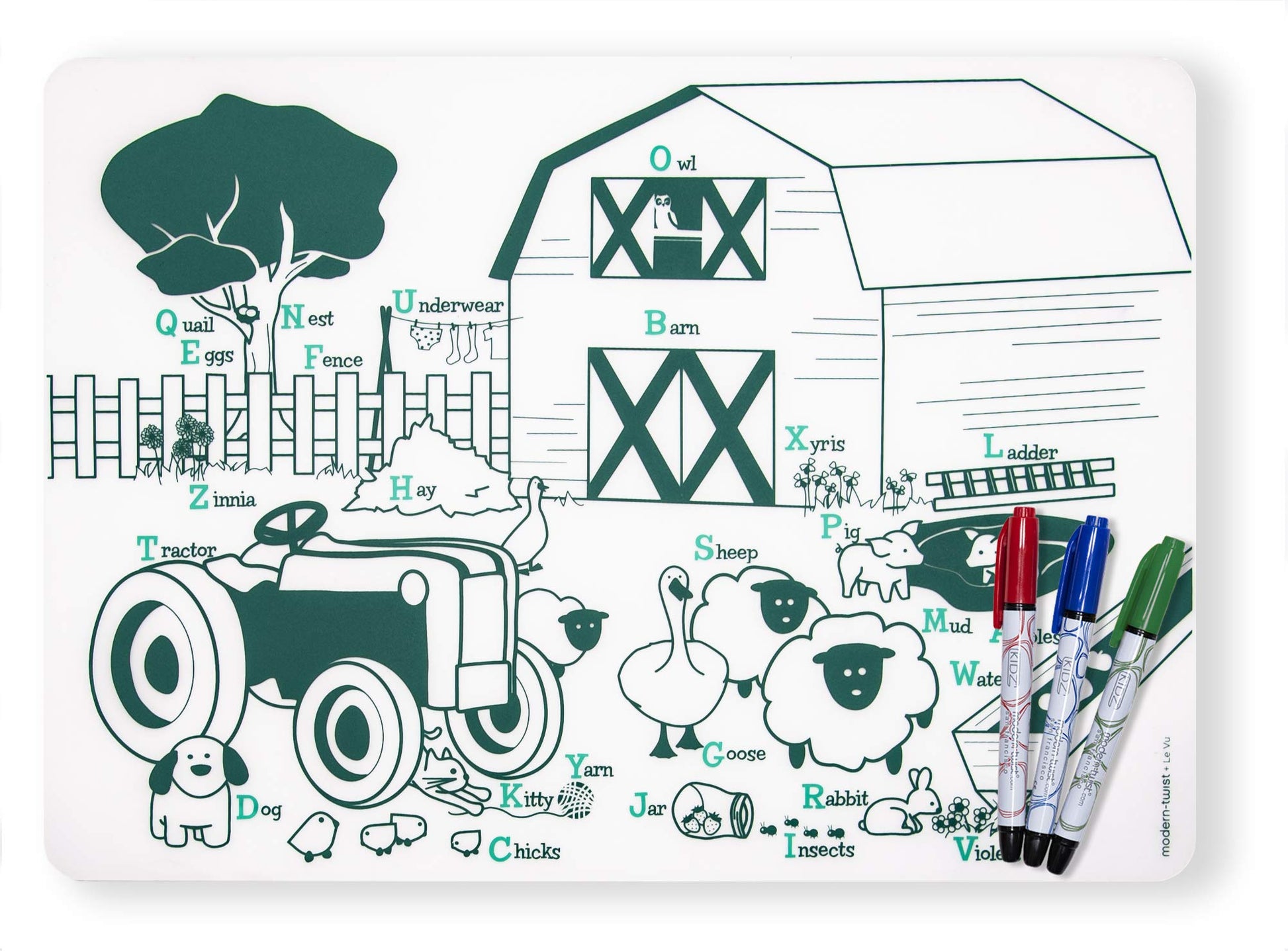 Modern-Twist Mark-Mat Set 100% Food-Grade Silicone, Waterproof And Reusable Color Sheet & 3 Dry Erase Markers For Kids - Farm Bu